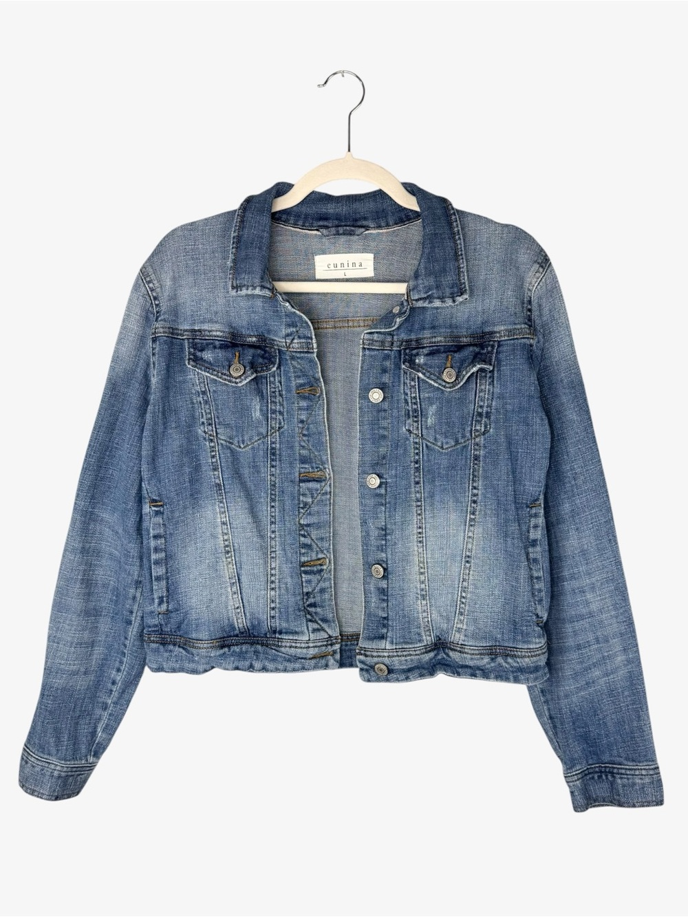 Eunina trucker jean jacket womens L classic stretch denim Y2K tomboy medium wash